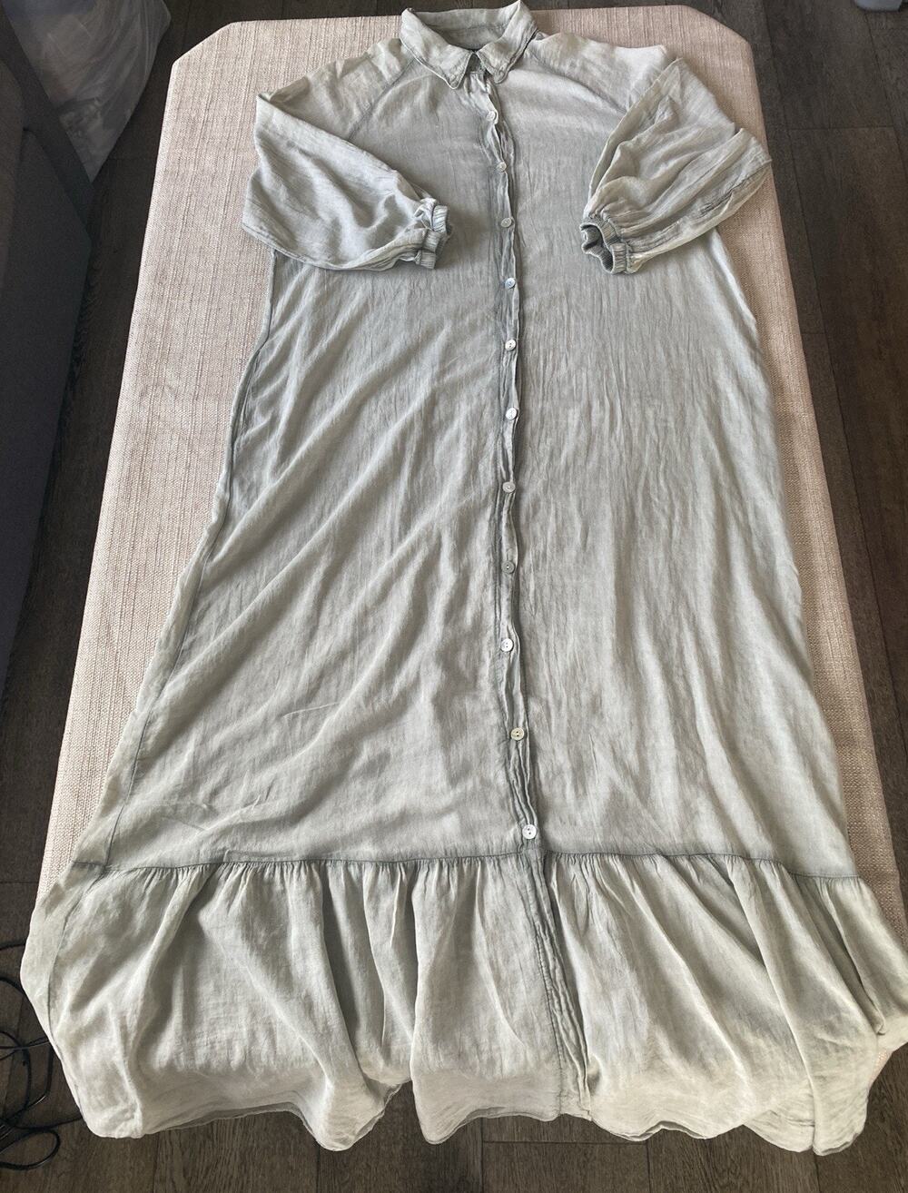 PANTHAI 100% Cotton Maxi Shirt Dress Womens S-M Made In Italy Sage Gray Green
